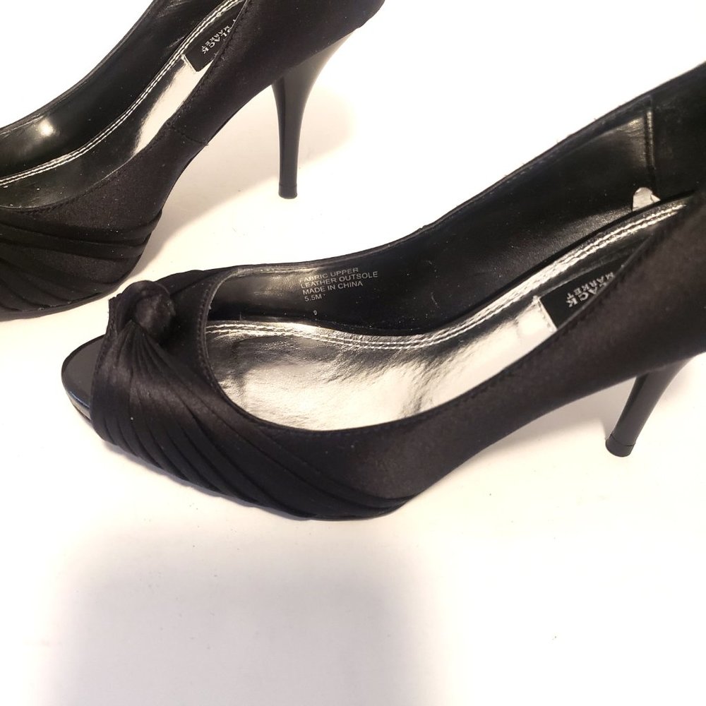 WHBM Teddie Black Satin Bow Peep Toe Heel Shoe Pump Womens 5.5M NEW - Picture 3 of 7